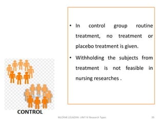 • In control group routine
treatment, no treatment or
placebo treatment is given.
• Withholding the subjects from
treatment is not feasible in
nursing researches .
NILOFAR LOLADIYA: UNIT IV Research Types 39
 