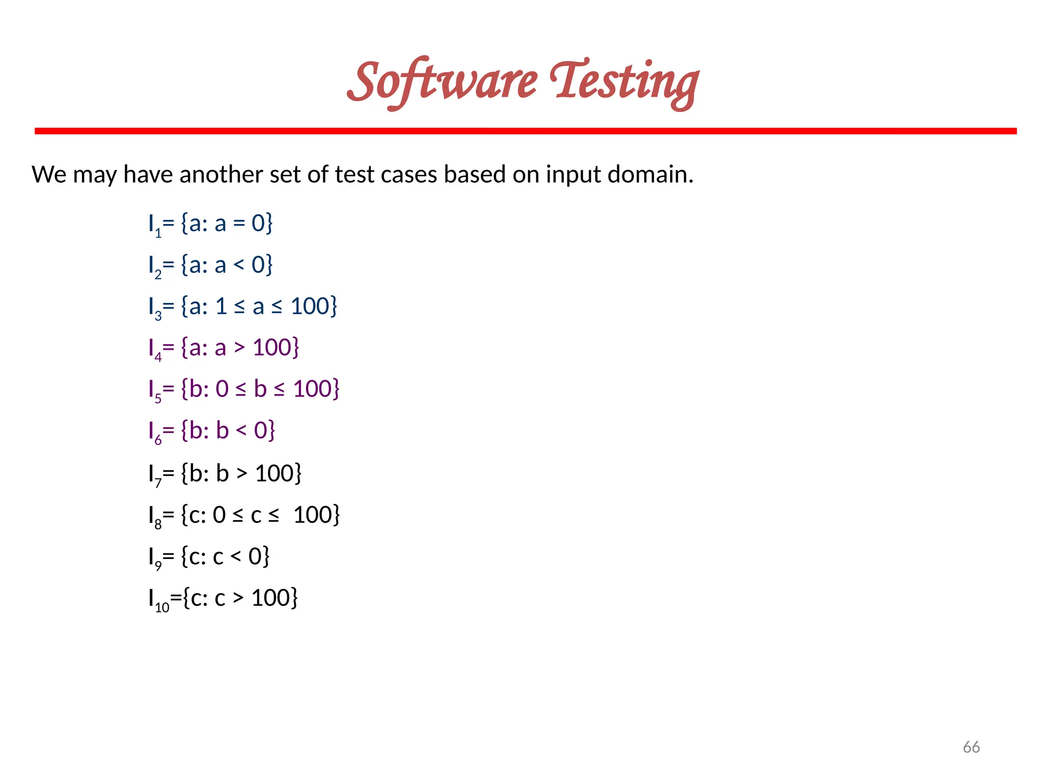 66
Software Testing
We may have another set of test cases based on input domain.
I1= {a: a = 0}
I2= {a: a < 0}
I3= {a: 1 ≤ a ≤ 100}
I4= {a: a > 100}
I5= {b: 0 ≤ b ≤ 100}
I6= {b: b < 0}
I7= {b: b > 100}
I8= {c: 0 ≤ c ≤ 100}
I9= {c: c < 0}
I10={c: c > 100}
 