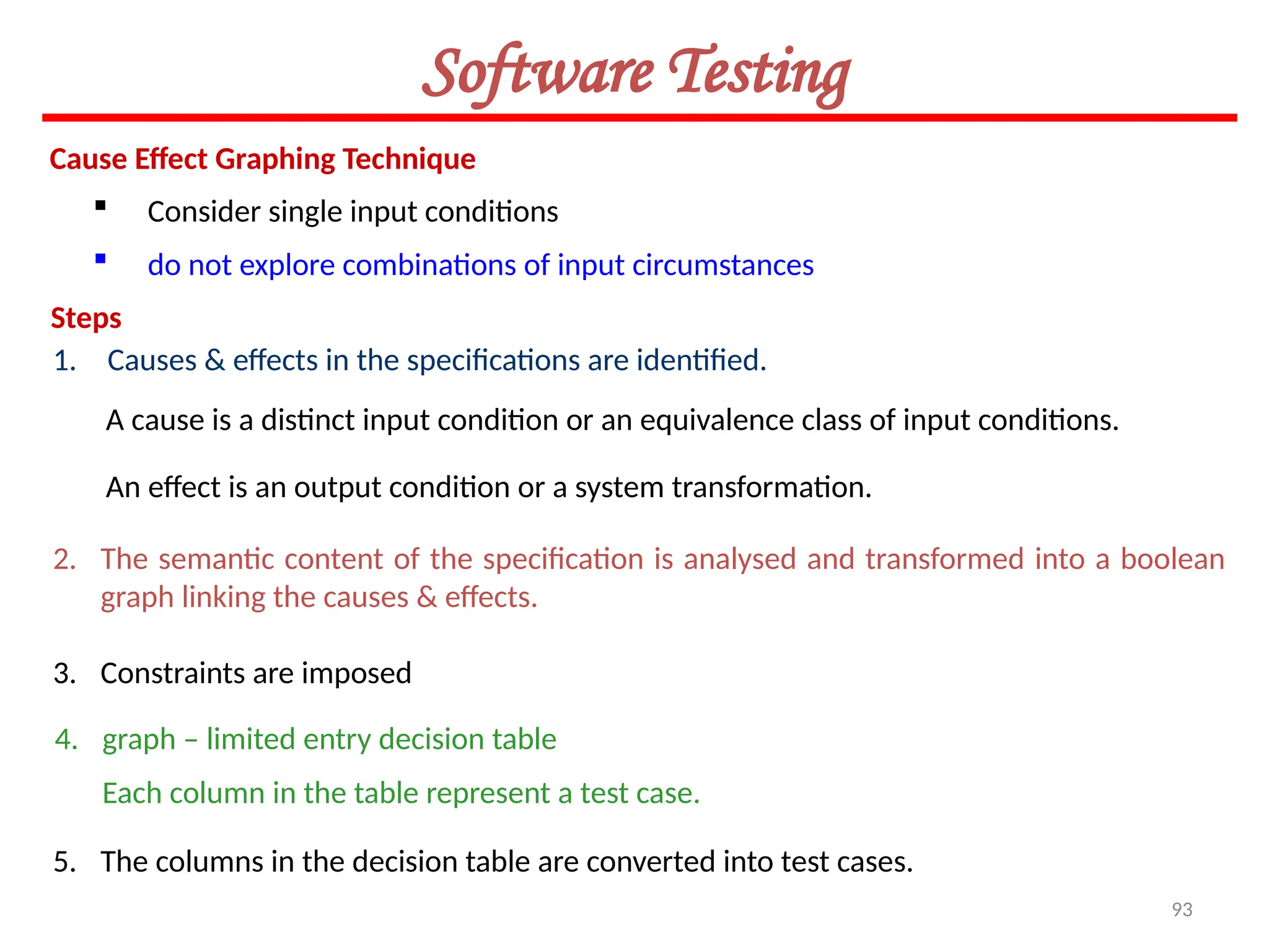 93
Software Testing
Cause Effect Graphing Technique
 Consider single input conditions
Steps
 do not explore combinations of input circumstances
1. Causes & effects in the specifications are identified.
A cause is a distinct input condition or an equivalence class of input conditions.
An effect is an output condition or a system transformation.
2. The semantic content of the specification is analysed and transformed into a boolean
graph linking the causes & effects.
3. Constraints are imposed
4. graph – limited entry decision table
Each column in the table represent a test case.
5. The columns in the decision table are converted into test cases.
 