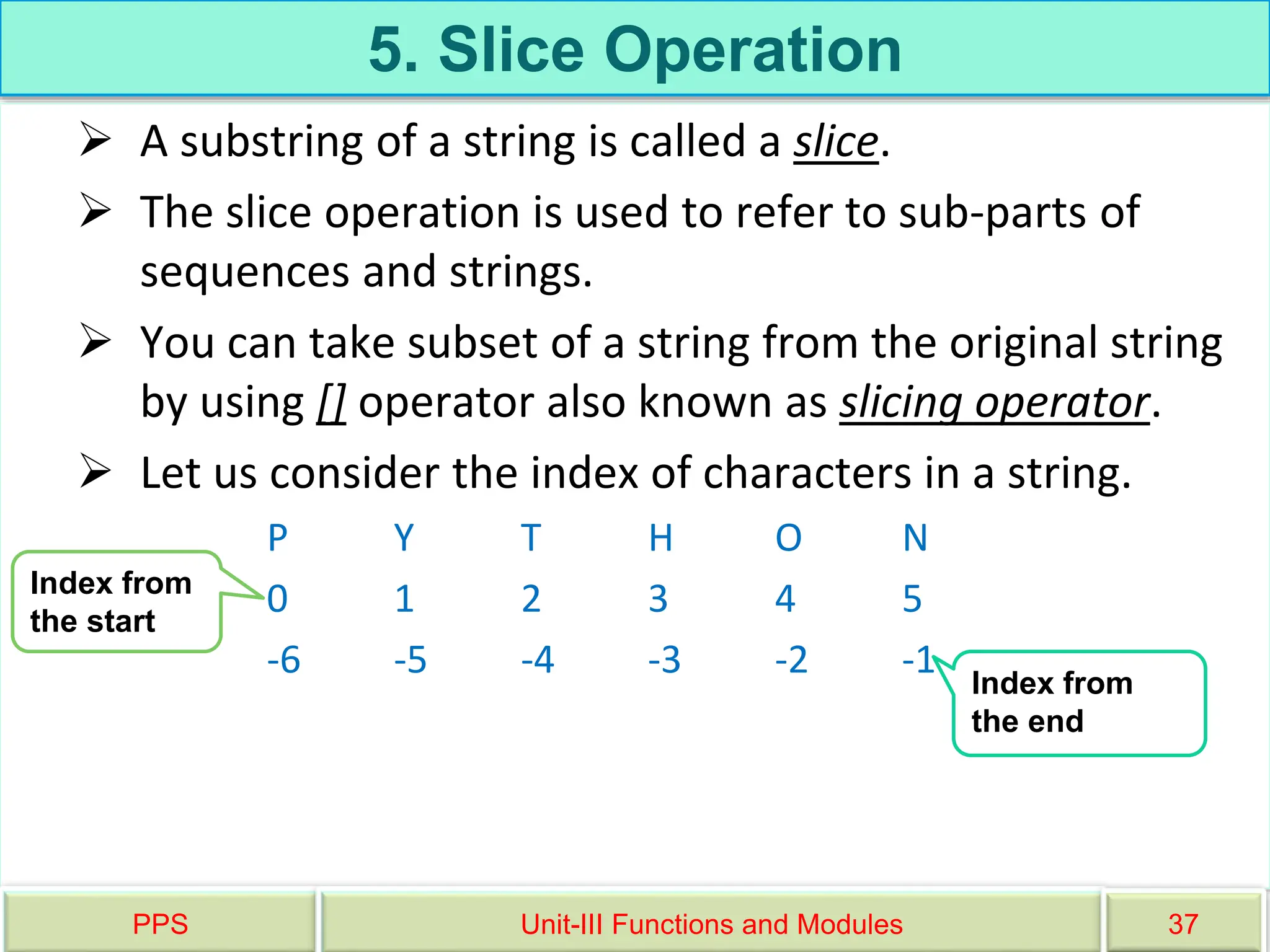 5. Slice Operation
 A substring of a string is called a slice.
 The slice operation is used to refer to sub-parts of
sequences and strings.
 You can take subset of a string from the original string
by using [] operator also known as slicing operator.
 Let us consider the index of characters in a string.
P Y T H O N
0 1 2 3 4 5
-6 -5 -4 -3 -2 -1
PPS Unit-III Functions and Modules 37
Index from
the start
Index from
the end
 