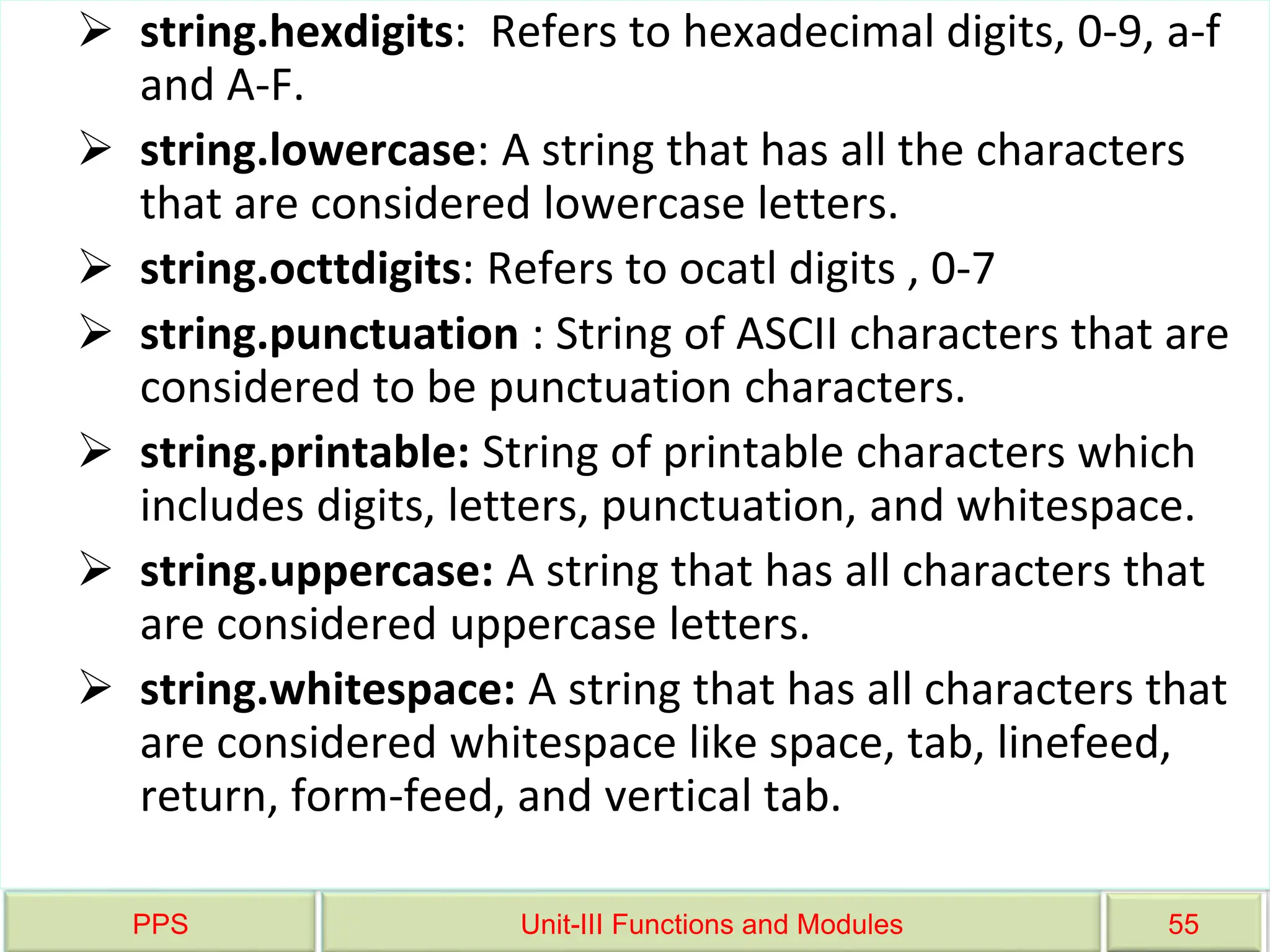 PPS Unit-III Functions and Modules 55
 string.hexdigits: Refers to hexadecimal digits, 0-9, a-f
and A-F.
 string.lowercase: A string that has all the characters
that are considered lowercase letters.
 string.octtdigits: Refers to ocatl digits , 0-7
 string.punctuation : String of ASCII characters that are
considered to be punctuation characters.
 string.printable: String of printable characters which
includes digits, letters, punctuation, and whitespace.
 string.uppercase: A string that has all characters that
are considered uppercase letters.
 string.whitespace: A string that has all characters that
are considered whitespace like space, tab, linefeed,
return, form-feed, and vertical tab.
 