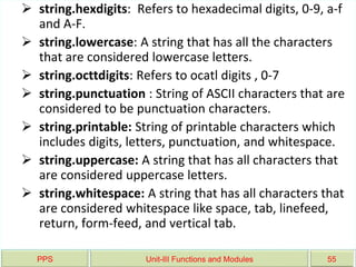 PPS Unit-III Functions and Modules 55
 string.hexdigits: Refers to hexadecimal digits, 0-9, a-f
and A-F.
 string.lowercase: A string that has all the characters
that are considered lowercase letters.
 string.octtdigits: Refers to ocatl digits , 0-7
 string.punctuation : String of ASCII characters that are
considered to be punctuation characters.
 string.printable: String of printable characters which
includes digits, letters, punctuation, and whitespace.
 string.uppercase: A string that has all characters that
are considered uppercase letters.
 string.whitespace: A string that has all characters that
are considered whitespace like space, tab, linefeed,
return, form-feed, and vertical tab.
 
