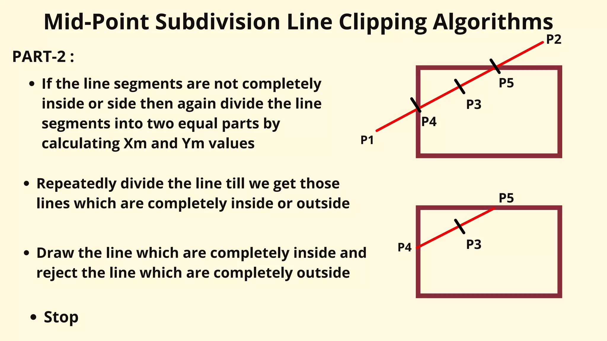 PART-2 :
Mid-Point Subdivision Line Clipping Algorithms
If the line segments are not completely
inside or side then again divide the line
segments into two equal parts by
calculating Xm and Ym values P1
P2
P4
P5
P3
Repeatedly divide the line till we get those
lines which are completely inside or outside
Draw the line which are completely inside and
reject the line which are completely outside
Stop
P4
P5
P3
 