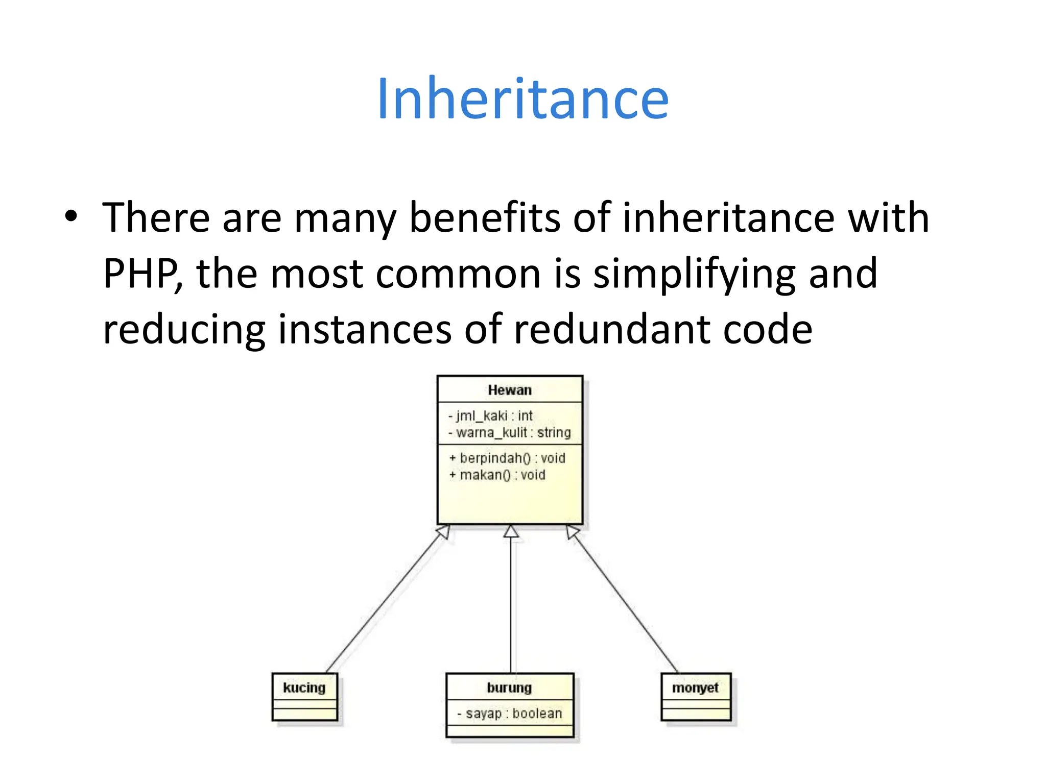 Inheritance
• There are many benefits of inheritance with
PHP, the most common is simplifying and
reducing instances of redundant code
 