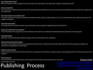Publishing Process
Pick a Subject/Genre/Topic
When the decision to make a magazine arises you need to have a good genre and subject that is popular and will gather profit.
Choose a name/title
The name of your magazine will need to be chosen strategically and methodically as you will need to put great thought and time into what your magazine will
be recognised as.
Choose the article you are going to cover
The article covered in the magazine should be interesting for readers and your target audience as if it is not interesting then your readership will reject t the
magazine completely.
Choose the cover image
This image will have to catch the reader’s eyes and draw them into reading the magazine because of the look of it.
Design your masthead for you magazine
The brand identity of the magazine lies in the masthead, a font style that is readable and aesthetically pleasing will be best for the magazine.
Write body articles
More than one article will help to collect the largest amount of information for the readership.
Improve photos/Incorporate graphics
The photos in the magazine need to be of a professional standard and to a high quality so that the target audience and those reading the magazine can
compliment and appreciate the presentation.
Decide on feature articles
Feature articles are the articles that will be featured in the magazine and will hold the magazines unique content together with the overall presentation of the
magazine.
Place thumbnails
The thumbnails will need to preview the article enough that the reader will know what will be in the article.
Create table of contents
Source Used
https://www.lucidpress.com/blog/20
14/02/20/how-to-make-a-magazine-
in-twelve-steps/
 