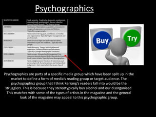 Psychographics
Psychographics are parts of a specific media group which have been split up in the
market to define a form of media’s reading group or target audience. The
psychographics group that I think Kerrang’s readers fall into would be the
strugglers. This is because they stereotypically buy alcohol and our disorganised.
This matches with some of the types of artists in the magazine and the general
look of the magazine may appeal to this psychographic group.
 
