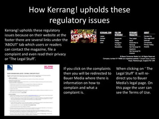 How Kerrang! upholds these
regulatory issues
Kerrang! upholds these regulatory
issues because on their website at the
footer there are several links under the
‘ABOUT’ tab which users or readers
can contact the magazine, file a
complaint and even read their privacy
or ‘The Legal Stuff’.
When clicking on ‘ The
Legal Stuff’ it will re-
direct you to Bauer
Media’s legal page. On
this page the user can
see the Terms of Use.
If you click on the complaints
then you will be redirected to
Bauer Media where there is
information on how to
complain and what a
complaint is.
 