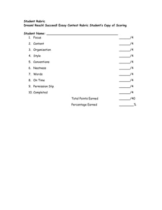 Student Rubric
Dream! Reach! Succeed! Essay Contest Rubric Student’s Copy of Scoring

Student Name: _______________________________________
   1. Focus                                           ______/4

   2. Content                                                   ______/4

   3. Organization                                              ______/4

   4. Style                                                     ______/4

   5. Conventions                                               ______/4

   6. Neatness                                                  ______/4

   7. Words                                                     ______/4

   8. On Time                                                   ______/4

   9. Permission Slip                                           ______/4

   10. Completed                                                ______/4

                                Total Points Earned             ______/40

                                Percentage Earned               ________%
 