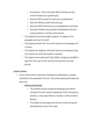 Introduction- Talk a little about Milton Hershey and then

                     briefly tell about your greatest goal.

                     Describe WHY you want to reach your accomplishment.

                     Describe HOW you would reach your goal.

                     Describe WHAT difference your accomplishment would make.

                     Conclusion- Restate your greatest accomplishment and use a

                     wrap up sentence to tell how, what and why.

          o   The students will use each graphic organizer to compose a five

              paragraph narrative first draft.

          o   The students will edit their first draft narrative writing sample with

              a teacher.

          o   The students will compose a final draft narrative writing piece using

              their edited first draft and teacher’s comments.

          o   The students will use Microsoft Word 2003 in Computer Lab B305 to

              type their final copy of their narrative writing within two class

              periods.



Content Outline:

   •   Use an outline format consisting of headings and subheadings to organize

       information to be presented in the unit. The outline should parallel goals and

       objectives.

          o   Background Knowledge

                     The students will gain background knowledge about Milton

                     Hershey’s life with a shared reading book titled “Chocolate by

                     Hershey: A story about Milton S. Hershey,” written by Betty

                     Burford.

                     The student will get signed and returns to school the parent

                     permission slip to entry their essay.
 