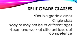 SPLIT GRADE CLASSES
•Double grade classes
•Single class
•May or may not be of different ages
•Learn and work at different levels of
competence
 
