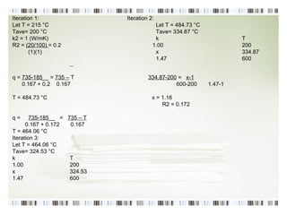 Iteration 1: Iteration 2:  Let T = 215 °C Let T = 484.73 °C Tave= 200 °C Tave= 334.87 °C k2 = 1 (W/mK) k T R2 =  (20/100)  = 0.2   1.00 200 (1)(1) x 334.87 1.47 600   q =  735-185 __ =  735 –  T  334.87-200  =  x-1 0.167 + 0.2  0.167   600-200  1.47-1 T = 484.73 °C   x = 1.16   R2 = 0.172 q =  735-185 __  =  735 – T 0.167 + 0.172  0.167 T = 464.06 °C Iteration 3: Let T = 464.06 °C Tave= 324.53 °C k T 1.00 200 x 324.53 1.47 600 