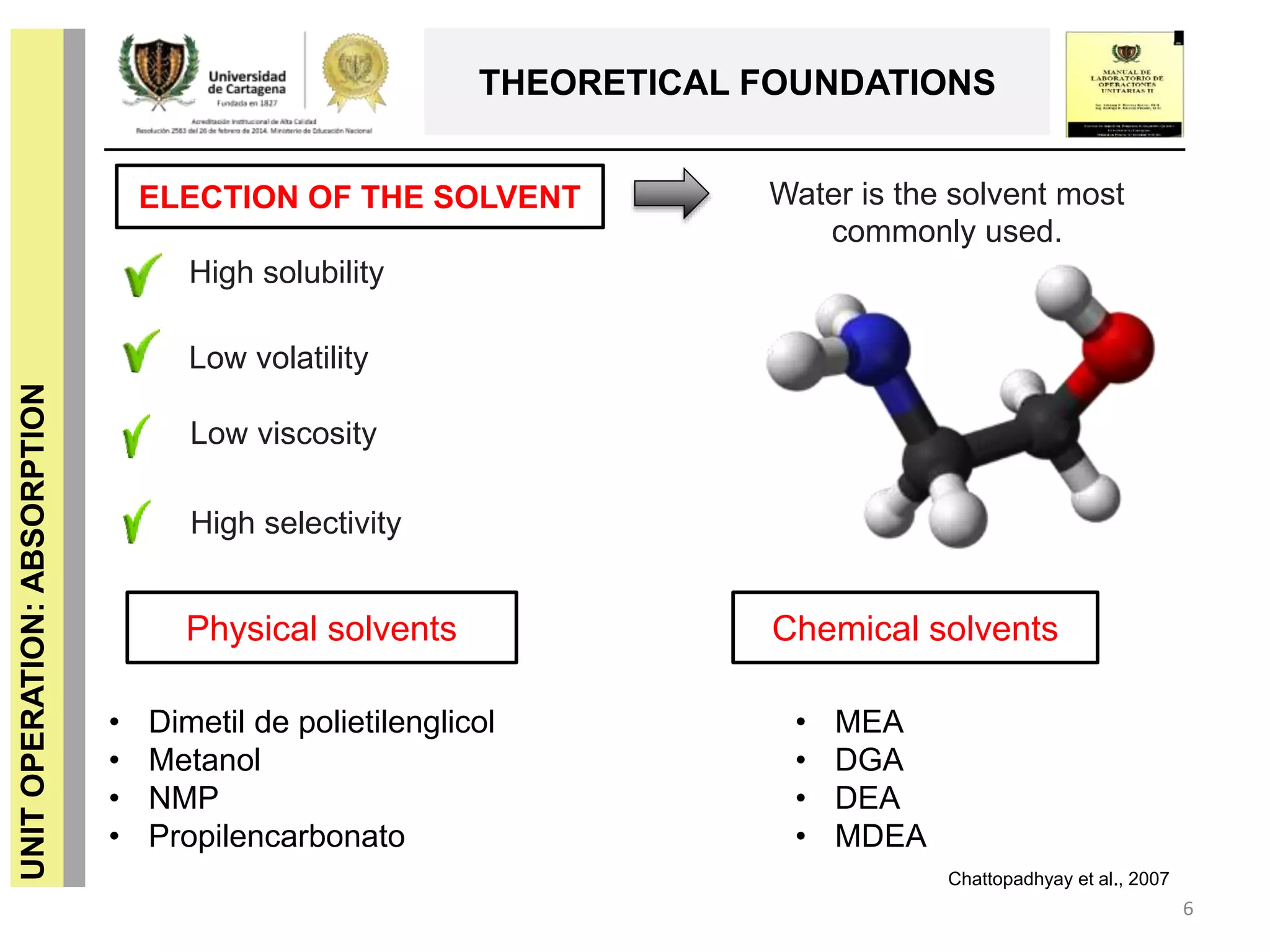 6
UNITOPERATION:ABSORPTION
THEORETICAL FOUNDATIONS
Chemical solventsPhysical solvents
Chattopadhyay et al., 2007
• MEA
• DGA
• DEA
• MDEA
• Dimetil de polietilenglicol
• Metanol
• NMP
• Propilencarbonato
ELECTION OF THE SOLVENT
High selectivity
High solubility
Low volatility
Low viscosity
Water is the solvent most
commonly used.
 
