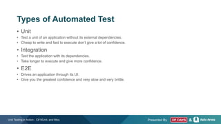 Presented By &
Types of Automated Test
• Unit
• Test a unit of an application without its external dependencies.
• Cheap to write and fast to execute don’t give a lot of confidence.
• Integration
• Test the application with its dependencies.
• Take longer to execute and give more confidence.
• E2E
• Drives an application through its UI.
• Give you the greatest confidence and very slow and very brittle.
Unit Testing in Action - C# NUnit, and Moq
 
