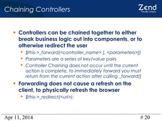 Apr 11, 2014 # 20
Chaining Controllers
• Controllers can be chained together to either
break business logic out into components, or to
otherwise redirect the user
 $this->_forward(<controller_name> [, <parameters>])
 Parameters are a series of key/value pairs
 Controller Chaining does not occur until the current
action is complete, to immediately forward you must
return from the current action after calling _forward()
• Forwarding does not cause a refresh on the
client, to physically refresh the browser
 $this->_redirect(<url>);
 