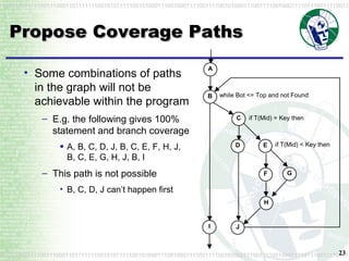 Propose Coverage Paths Some combinations of paths in the graph will not be achievable within the program E.g. the following gives 100% statement and branch coverage A, B, C, D, J, B, C, E, F, H, J, B, C, E, G, H, J, B, I This path is not possible B, C, D, J can’t happen first 