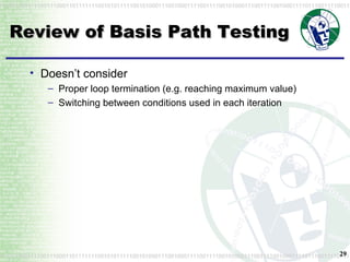 Review of Basis Path Testing Doesn’t consider Proper loop termination (e.g. reaching maximum value) Switching between conditions used in each iteration 
