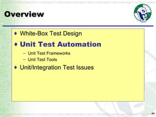 Overview White-Box Test Design Unit Test Automation Unit Test Frameworks Unit Test Tools Unit/Integration Test Issues 