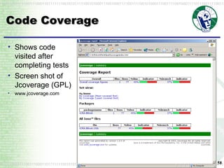Code Coverage Shows code visited after completing tests Screen shot of Jcoverage (GPL) www.jcoverage.com 