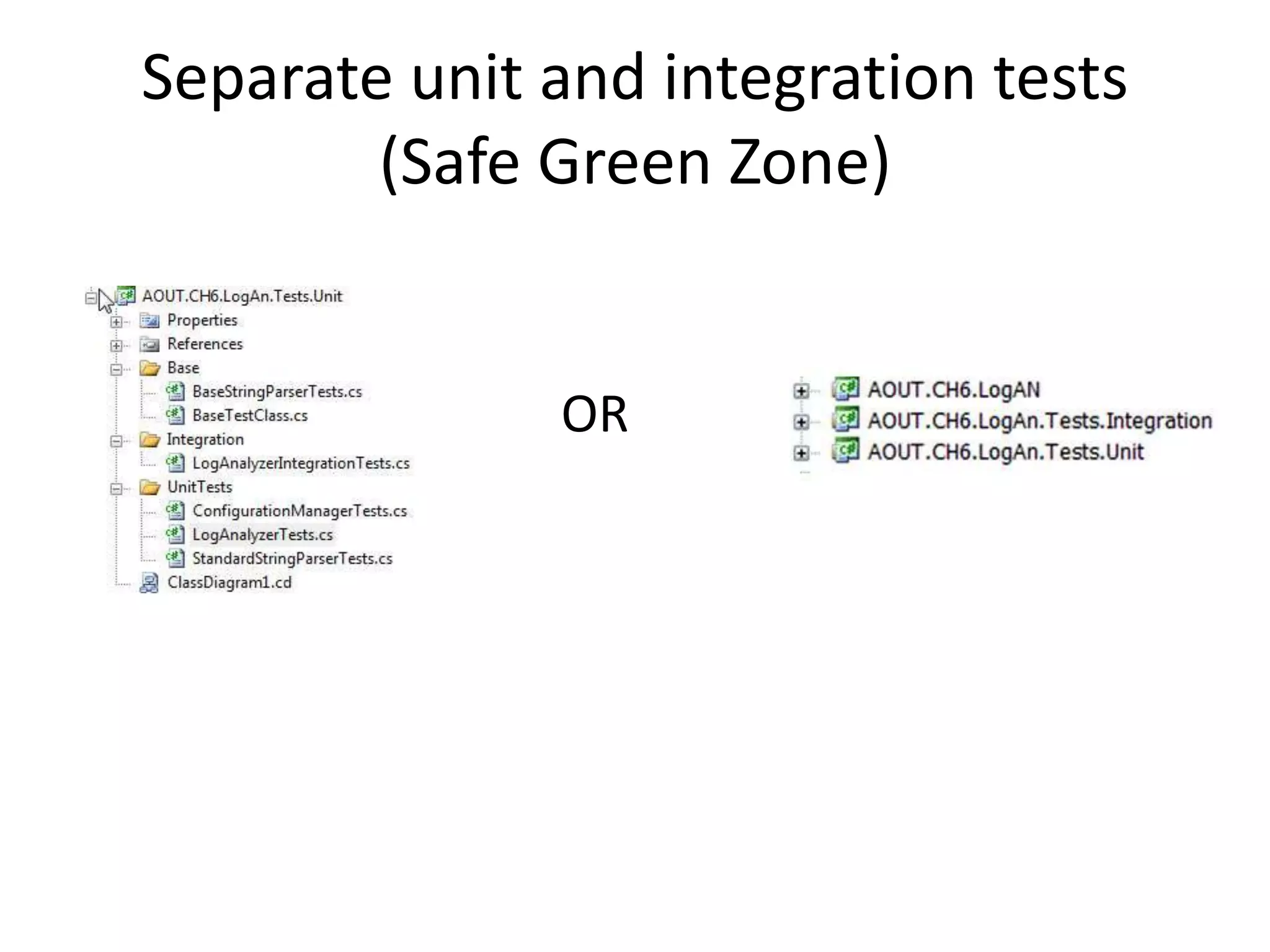 Separate unit and integration tests
(Safe Green Zone)
OR
 