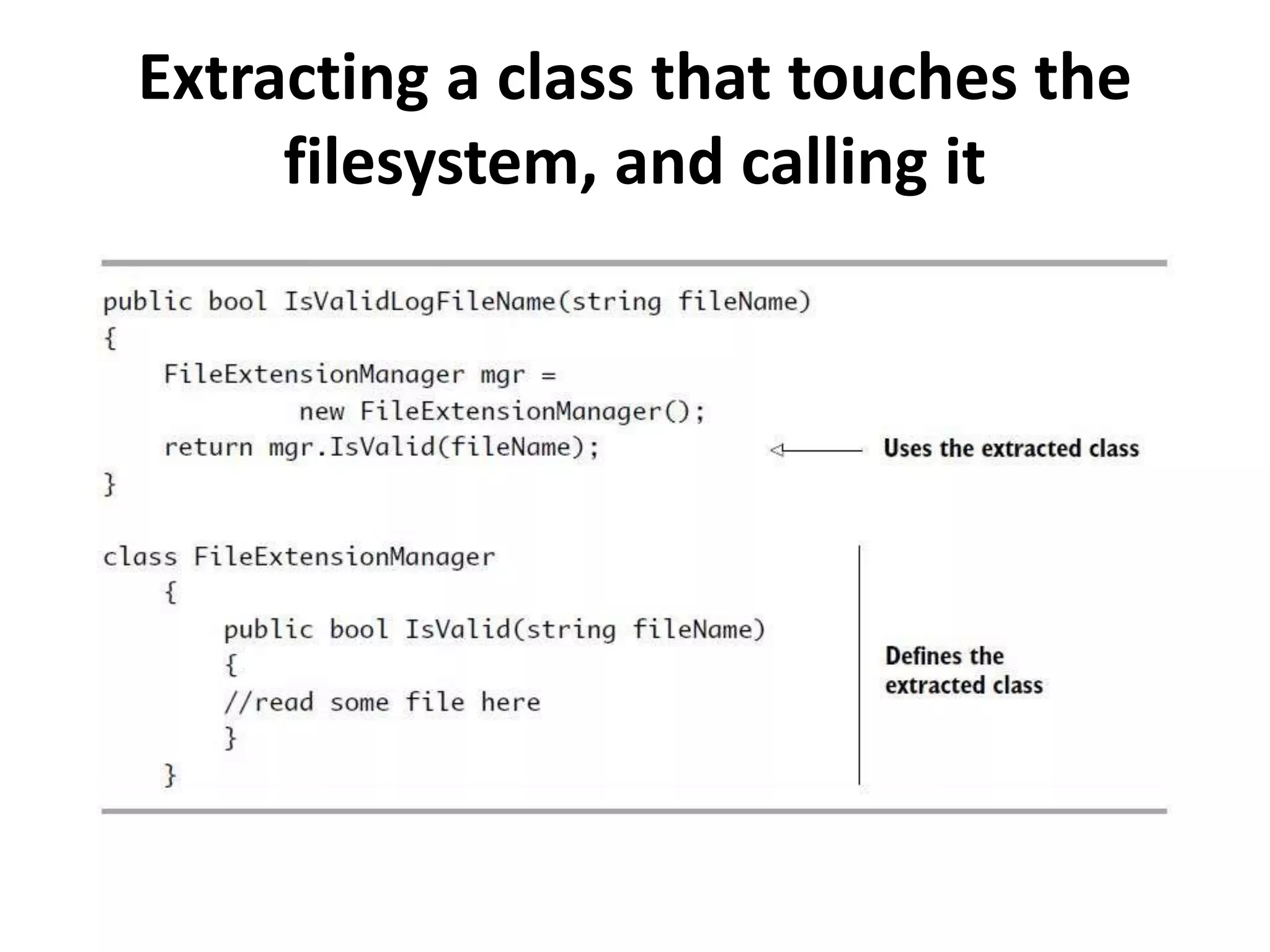 Extracting a class that touches the
filesystem, and calling it
 