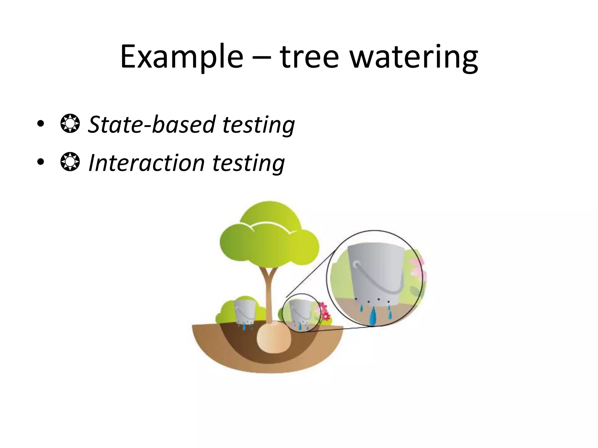 Example – tree watering
• ❂ State-based testing
• ❂ Interaction testing
 