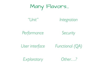 Many Flavors…
“Unit” Integration
Performance
Functional (QA)
Security
User interface
Other…?Exploratory
 