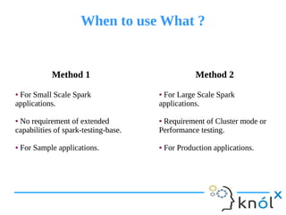 When to use What ?When to use What ?
Method 1
● For Small Scale Spark
applications.
● No requirement of extended
capabilities of spark-testing-base.
● For Sample applications.
Method 1
● For Small Scale Spark
applications.
● No requirement of extended
capabilities of spark-testing-base.
● For Sample applications.
Method 2
● For Large Scale Spark
applications.
● Requirement of Cluster mode or
Performance testing.
● For Production applications.
Method 2
● For Large Scale Spark
applications.
● Requirement of Cluster mode or
Performance testing.
● For Production applications.
 