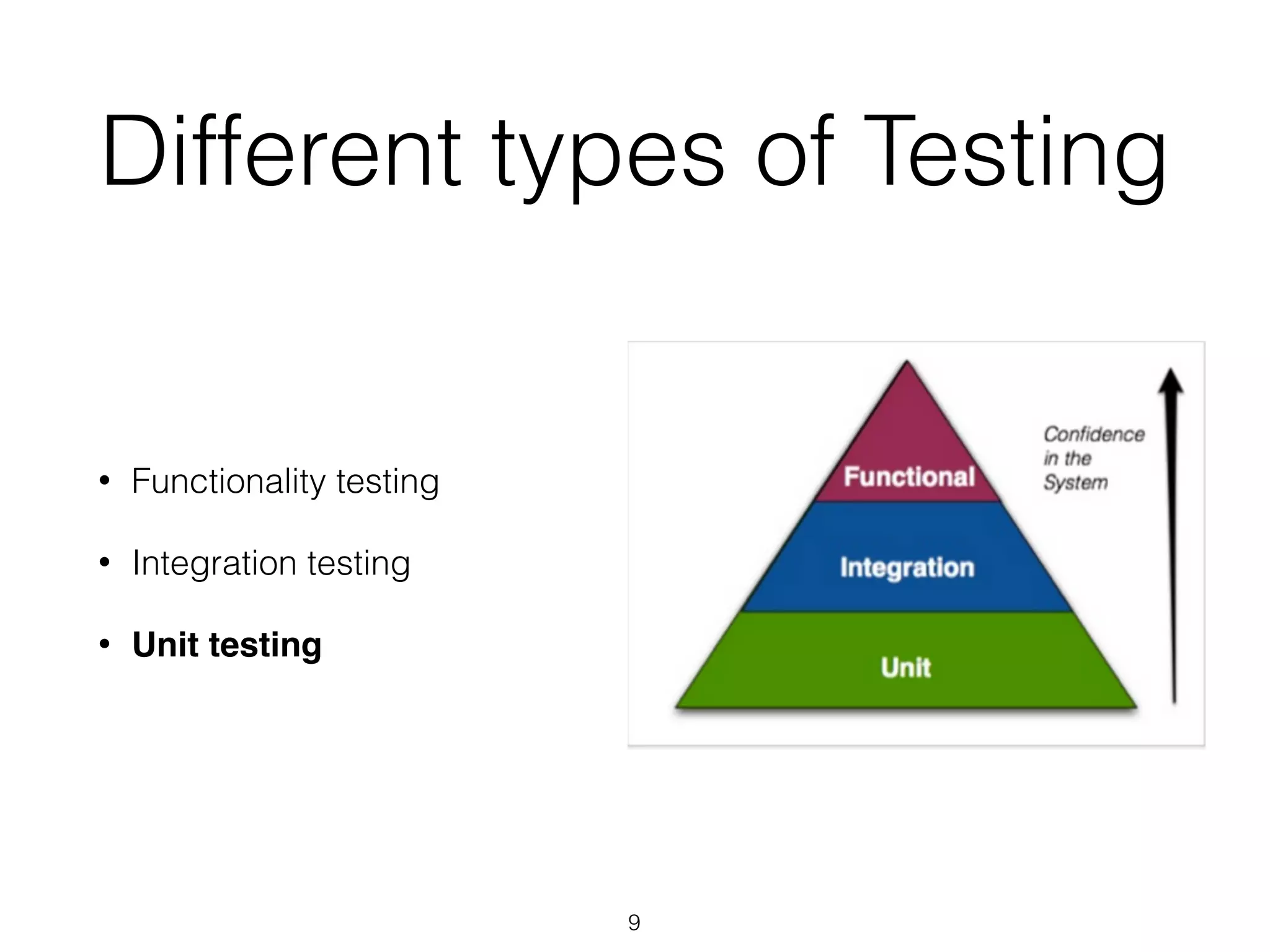 Different types of Testing
• Functionality testing
• Integration testing
• Unit testing
9
 