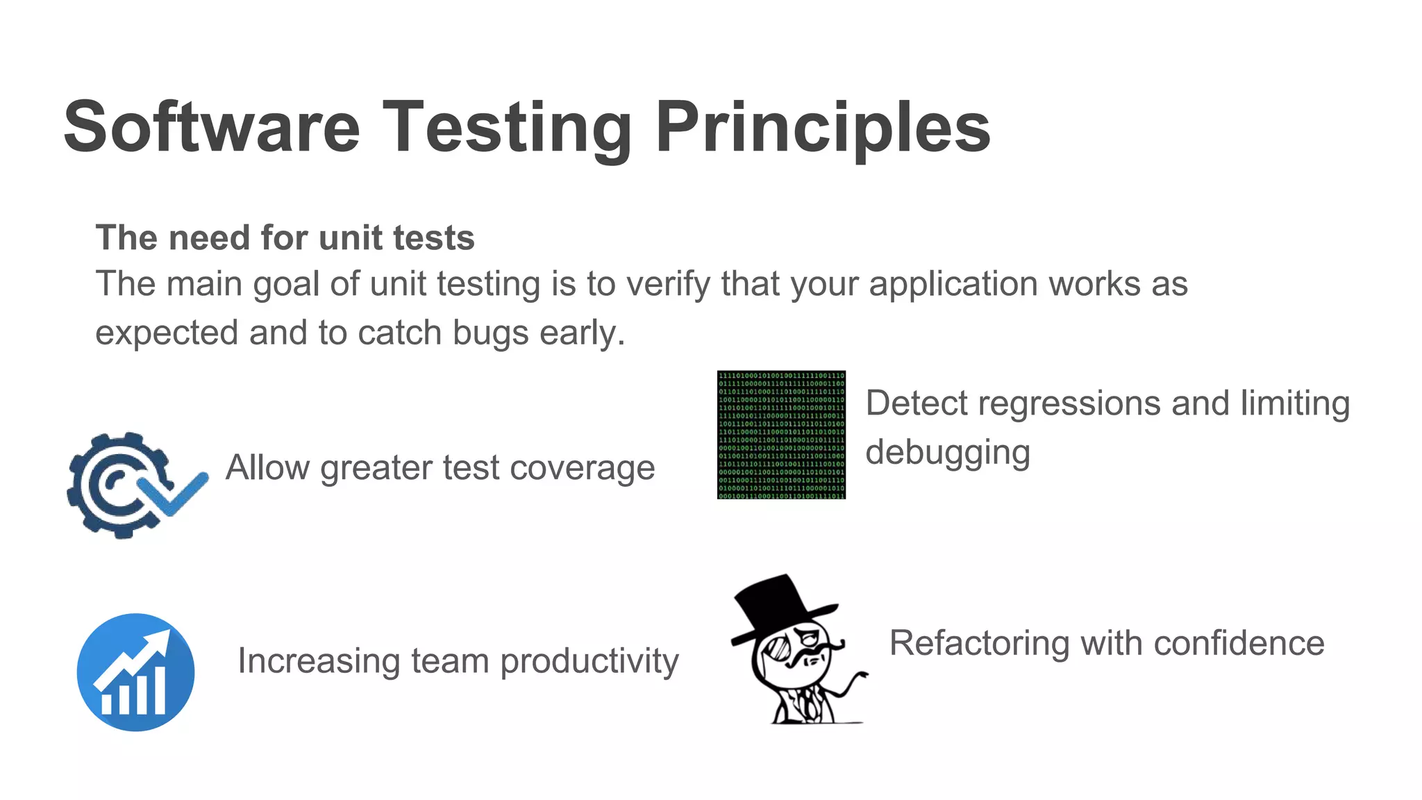 Software Testing Principles
The need for unit tests
The main goal of unit testing is to verify that your application works as
expected and to catch bugs early.
Allow greater test coverage
Increasing team productivity
Detect regressions and limiting
debugging
Refactoring with confidence
 