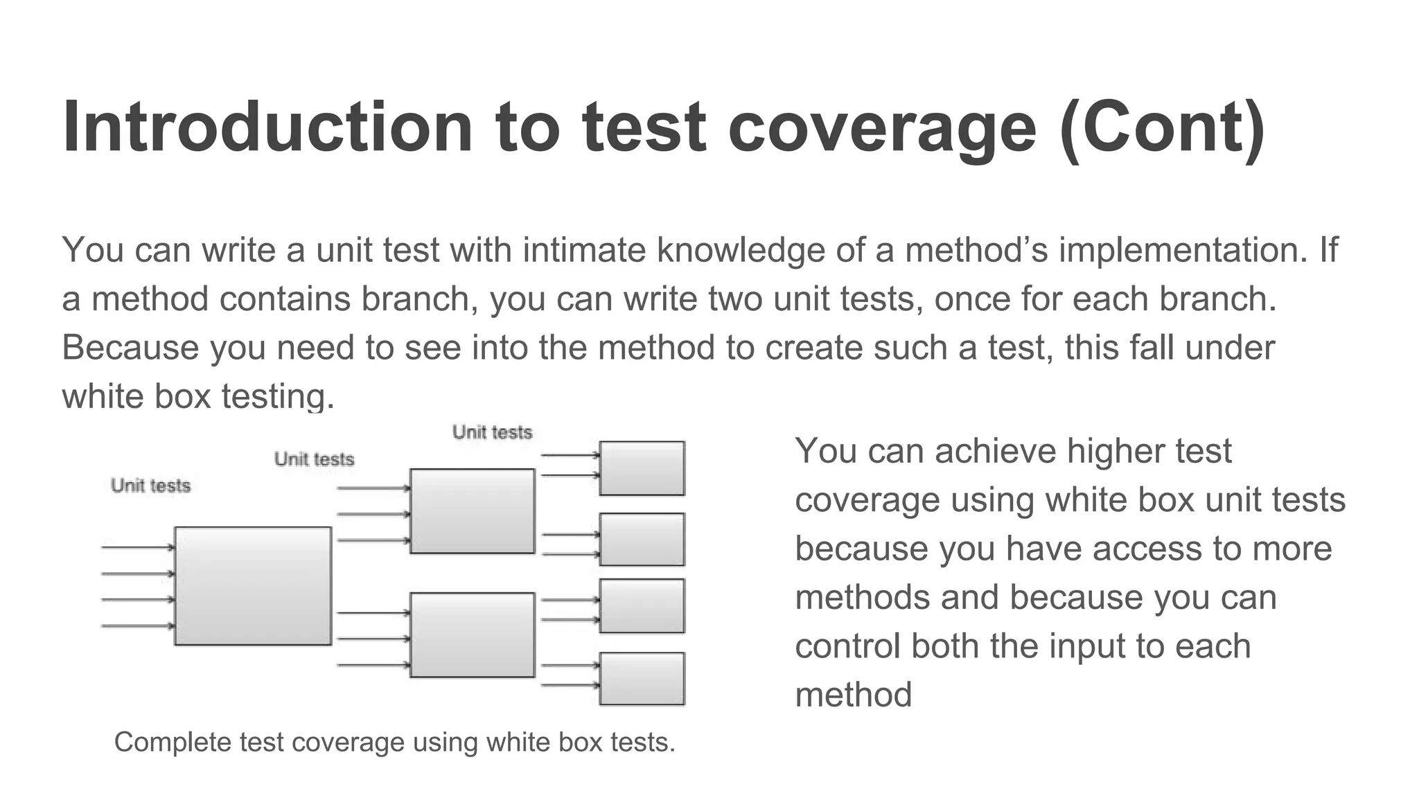 Introduction to test coverage (Cont)
You can write a unit test with intimate knowledge of a method’s implementation. If
a method contains branch, you can write two unit tests, once for each branch.
Because you need to see into the method to create such a test, this fall under
white box testing.
You can achieve higher test
coverage using white box unit tests
because you have access to more
methods and because you can
control both the input to each
method
Complete test coverage using white box tests.
 