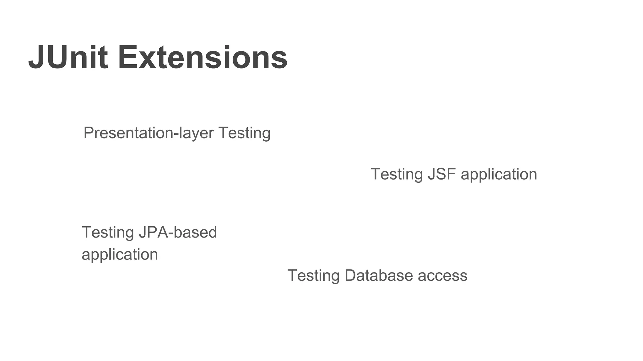 JUnit Extensions
Presentation-layer Testing
Testing Database access
Testing JSF application
Testing JPA-based
application
 