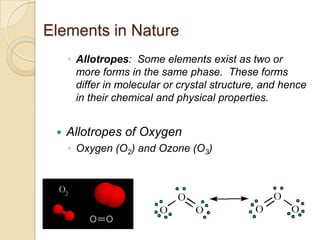 Elements in Nature
     ◦ Allotropes: Some elements exist as two or
       more forms in the same phase. These forms
       differ in molecular or crystal structure, and hence
       in their chemical and physical properties.


    Allotropes of Oxygen
     ◦ Oxygen (O2) and Ozone (O3)
 