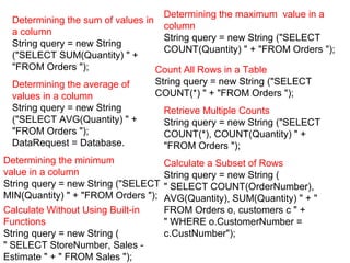 Determining the sum of values in
a column
String query = new String
("SELECT SUM(Quantity) " +
"FROM Orders ");
Determining the average of
values in a column
String query = new String
("SELECT AVG(Quantity) " +
"FROM Orders ");
DataRequest = Database.
Determining the minimum
value in a column
String query = new String ("SELECT
MIN(Quantity) " + "FROM Orders ");
Determining the maximum value in a
column
String query = new String ("SELECT
COUNT(Quantity) " + "FROM Orders ");
Count All Rows in a Table
String query = new String ("SELECT
COUNT(*) " + "FROM Orders ");
Retrieve Multiple Counts
String query = new String ("SELECT
COUNT(*), COUNT(Quantity) " +
"FROM Orders ");
Calculate a Subset of Rows
String query = new String (
" SELECT COUNT(OrderNumber),
AVG(Quantity), SUM(Quantity) " + "
FROM Orders o, customers c " +
" WHERE o.CustomerNumber =
c.CustNumber");
Calculate Without Using Built-in
Functions
String query = new String (
" SELECT StoreNumber, Sales -
Estimate " + " FROM Sales ");
 