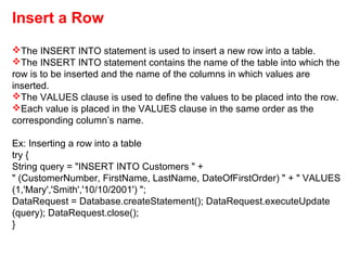 Insert a Row
The INSERT INTO statement is used to insert a new row into a table.
The INSERT INTO statement contains the name of the table into which the
row is to be inserted and the name of the columns in which values are
inserted.
The VALUES clause is used to define the values to be placed into the row.
Each value is placed in the VALUES clause in the same order as the
corresponding column’s name.
Ex: Inserting a row into a table
try {
String query = "INSERT INTO Customers " +
" (CustomerNumber, FirstName, LastName, DateOfFirstOrder) " + " VALUES
(1,'Mary','Smith','10/10/2001') ";
DataRequest = Database.createStatement(); DataRequest.executeUpdate
(query); DataRequest.close();
}
 