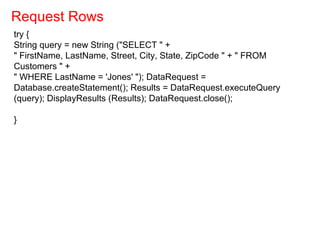 try {
String query = new String ("SELECT " +
" FirstName, LastName, Street, City, State, ZipCode " + " FROM
Customers " +
" WHERE LastName = 'Jones' "); DataRequest =
Database.createStatement(); Results = DataRequest.executeQuery
(query); DisplayResults (Results); DataRequest.close();
}
Request Rows
 