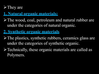 They are
1. Natural organic materials:
The wood, coal, petroleum and natural rubber are
under the categories of natural organic.
2. Synthetic organic materials
The plastics, synthetic rubbers, ceramics glass are
under the categories of synthetic organic.
Technically, these organic materials are called as
Polymers.
 