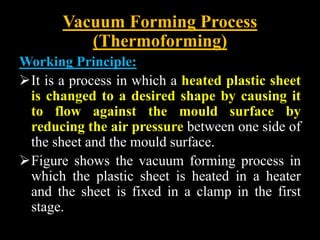 Vacuum Forming Process
(Thermoforming)
Working Principle:
It is a process in which a heated plastic sheet
is changed to a desired shape by causing it
to flow against the mould surface by
reducing the air pressure between one side of
the sheet and the mould surface.
Figure shows the vacuum forming process in
which the plastic sheet is heated in a heater
and the sheet is fixed in a clamp in the first
stage.
 