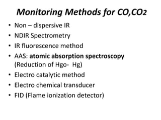 Monitoring Methods for CO,CO2
• Non – dispersive IR
• NDIR Spectrometry
• IR fluorescence method
• AAS: atomic absorption spectroscopy
(Reduction of Hgo- Hg)
• Electro catalytic method
• Electro chemical transducer
• FID (Flame ionization detector)
 