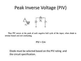Peak Inverse Voltage (PIV)
PIV = Em
Diode must be selected based on the PIV rating and
the circuit specification.
 