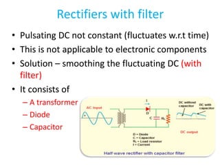 Rectifiers with filter
• Pulsating DC not constant (fluctuates w.r.t time)
• This is not applicable to electronic components
• Solution – smoothing the fluctuating DC (with
filter)
• It consists of
– A transformer
– Diode
– Capacitor
 