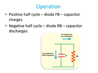 Operation
• Positive half cycle – diode FB – capacitor
charges
• Negative half cycle – diode RB – capacitor
discharges
 