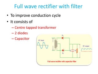 Full wave rectifier with filter
• To improve conduction cycle
• It consists of
– Centre tapped transformer
– 2 diodes
– Capacitor
 