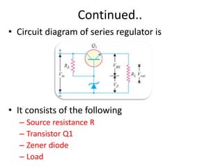 Continued..
• Circuit diagram of series regulator is
• It consists of the following
– Source resistance R
– Transistor Q1
– Zener diode
– Load
 