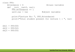 class PPS:
Attendance = 0 #class variable
def __init__(self, var):
PPS.Attendance += 1
self.var = var #object variable
print("Lecture No: ", PPS.Attendance)
print("Total student present for lecture 1 : ", var)
obj1 = PPS(50)
obj2 = PPS(52)
obj3 = PPS(55)
Savitribai Phule Pune University -2019-20
 