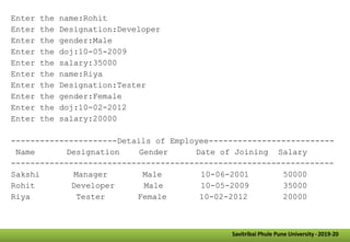 Savitribai Phule Pune University -2019-20
Enter the name:Rohit
Enter the Designation:Developer
Enter the gender:Male
Enter the doj:10-05-2009
Enter the salary:35000
Enter the name:Riya
Enter the Designation:Tester
Enter the gender:Female
Enter the doj:10-02-2012
Enter the salary:20000
----------------------Details of Employee--------------------------
Name Designation Gender Date of Joining Salary
-------------------------------------------------------------------
Sakshi Manager Male 10-06-2001 50000
Rohit Developer Male 10-05-2009 35000
Riya Tester Female 10-02-2012 20000
 