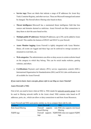  Service tags: These are labels that indicate a range of IP addresses for Azure Key
Vault, Container Registry, and other services. These are Microsoft-managed and cannot
be changed. The firewall allows filtering rules based on these.
 Threat intelligence: Microsoft has a maintained threat intelligence field that lists
sources and domains deemed as malicious. Azure Firewall can filter connections to
deny them or alert the users based on this.
 Multiple public IP addresses: Multiple IP addresses, up to 250, can be added to Azure
Firewall. This enables the features of DNAT and SNAT in your firewall.
 Azure Monitor logging: Azure Firewall is tightly integrated with Azure Monitor.
Hence, all events are logged and these logs can be archived to storage accounts or
streamed to event hubs, etc.
 Web categories: The administrators can allow or deny access to certain websites based
on the category to which they belong. This can be social media websites, gaming
websites, and others.
 Certifications: Payment card industry (PCI,) service organization controls (SOC,)
International Organization for Standardization (ISO,) and ICSA Labs certifications are
all available for Azure Firewall.
If you want to learn Azure concepts, please refer to our blog on Azure Tutorial!
Azure Firewall vs NSG
First of all, you need to know what an NSG is. NSG stands for network security group; it can
be used in filtering network traffic in the Azure cloud. NSG contains rules based on IP
addresses, ports, etc., which can allow or deny connections to and from Azure Resources.
Azure Firewall and NSG seem pretty similar; so, let us compare them side by side.
Features Azure Firewall NSG
Rule-based filtering Firewall supports rule-
based filtering
NSG also supports rule-based
filtering
FQDN tags Firewall supports FQDN
tags
NSG does not support FQDN
tags
 
