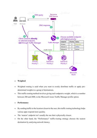  Weighted
 Weighted routing is used when you want to evenly distribute traffic or apply pre-
determined weights to a group of destinations.
 This traffic-routing method involves giving each endpoint a weight, which is a number
between 200 and 2000, in the Microsoft Azure Traffic Manager profile option.
 Performance
 By sending traffic to the location closest to the user, this traffic routing technology helps
various apps respond more quickly.
 The ‘nearest’ endpoint isn’t usually the one that is physically closest.
 On the other hand, the “Performance” traffic-routing strategy chooses the nearest
destination by analysing network latency.
 