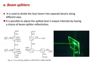 a. Beam splitters
⚫ It is used to divide the laser beam into separate beams along
different axes.
⚫It is possible to adjust the spitted laser's output intensity by having
a choice of beam splitter reflectivities.
 
