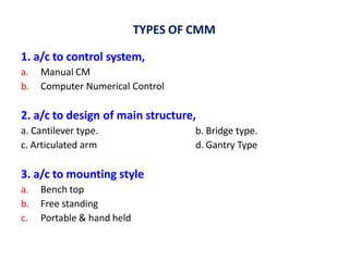 TYPES OF CMM
1. a/c to control system,
a. Manual CM
b. Computer Numerical Control
2. a/c to design of main structure,
a. Cantilever type.
c. Articulated arm
b. Bridge type.
d. Gantry Type
3. a/c to mounting style
a. Bench top
b. Free standing
c. Portable & hand held
 