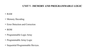 UNIT V -MEMORY AND PROGRAMMABLE LOGIC
• RAM
• Memory Decoding
• Error Detection and Correction
• ROM
• Programmable Logic Array
• Programmable Array Logic
• Sequential Programmable Devices.
 